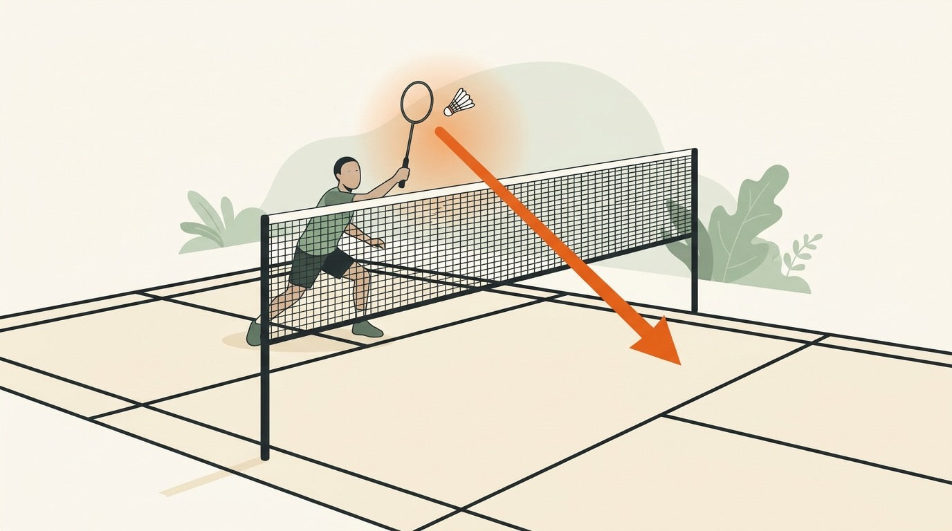 Illustration of a doubles badminton receiver leaning forward with racket raised to return serve