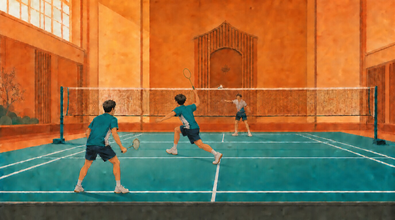 Illustration of a doubles badminton receiver leaning forward with racket raised to return serve