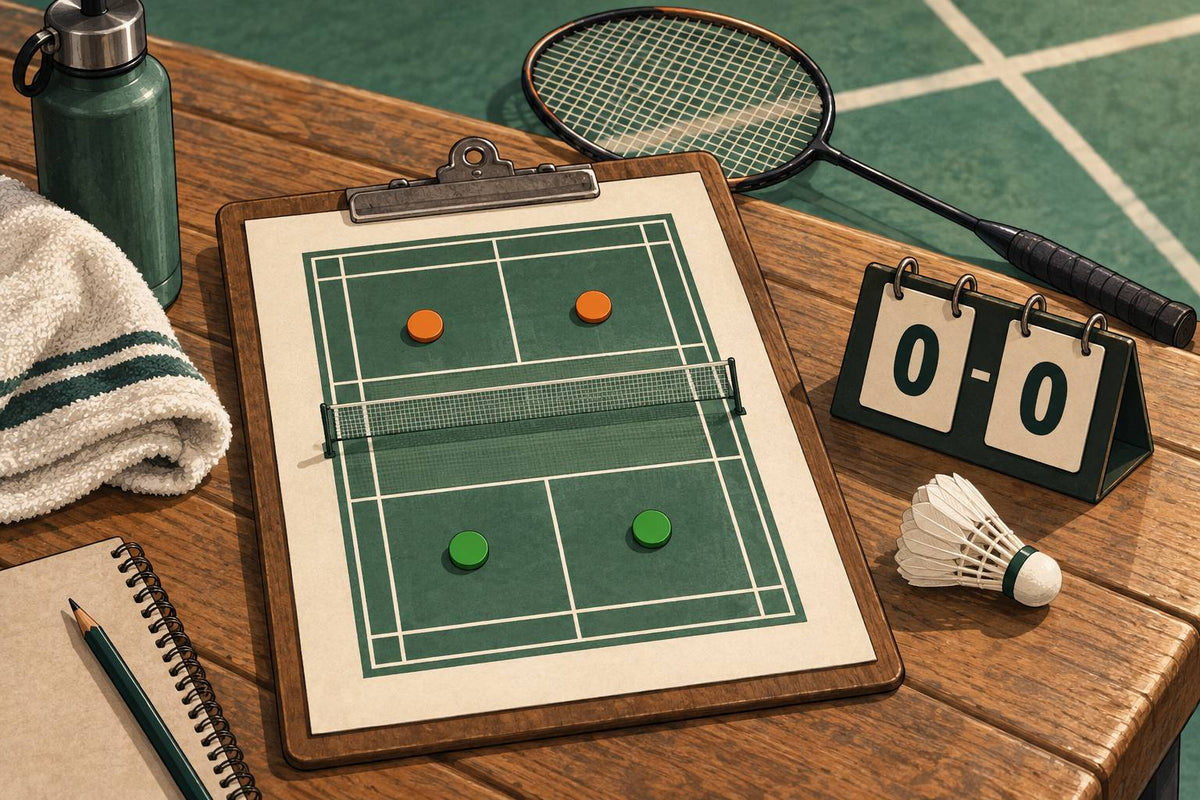 Nature morte éditoriale d’un schéma de double avec quatre marqueurs de joueurs, une fiche de pointage et un volant.