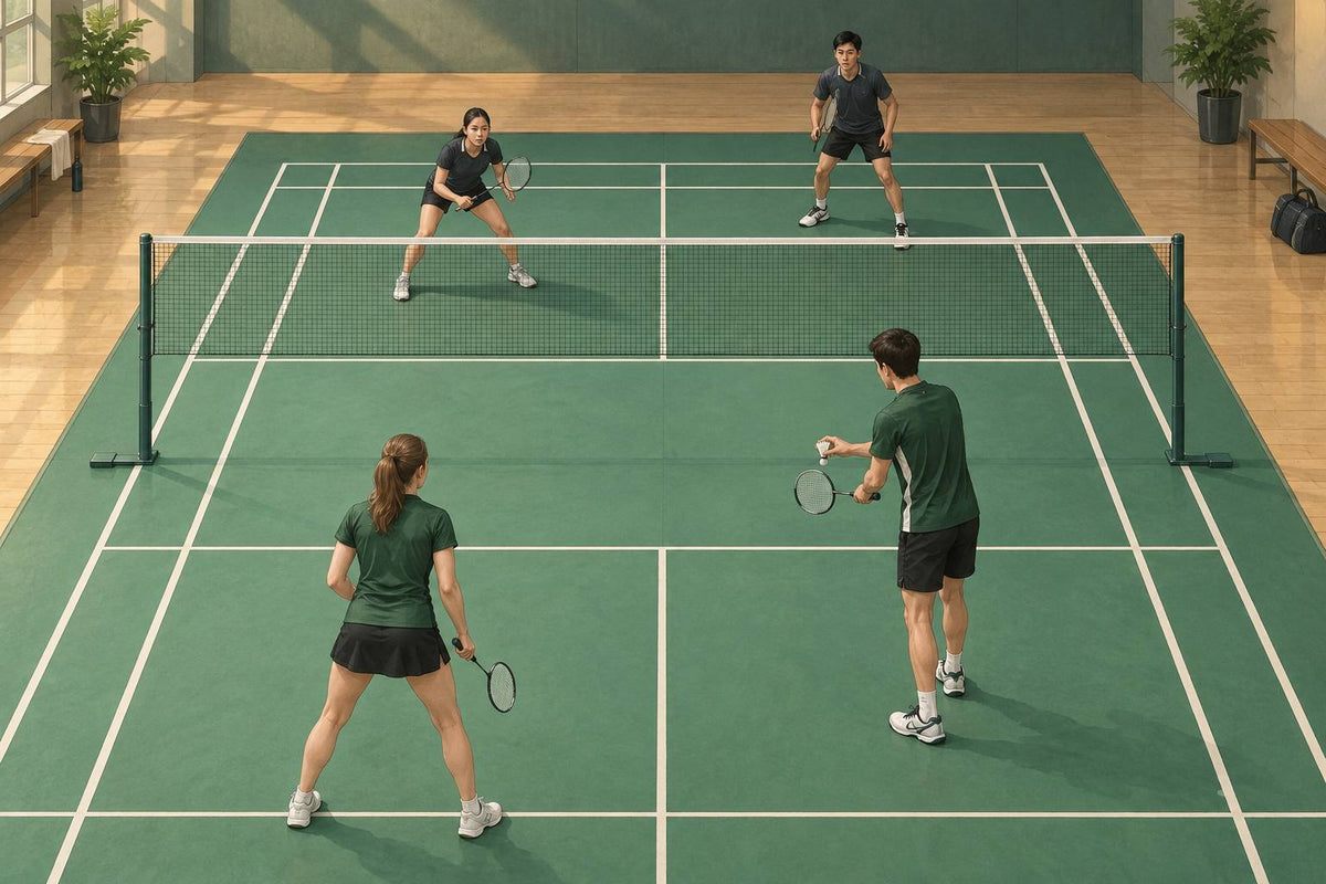 Doubles partners separate the score-based service court from their flexible roles during the rally.