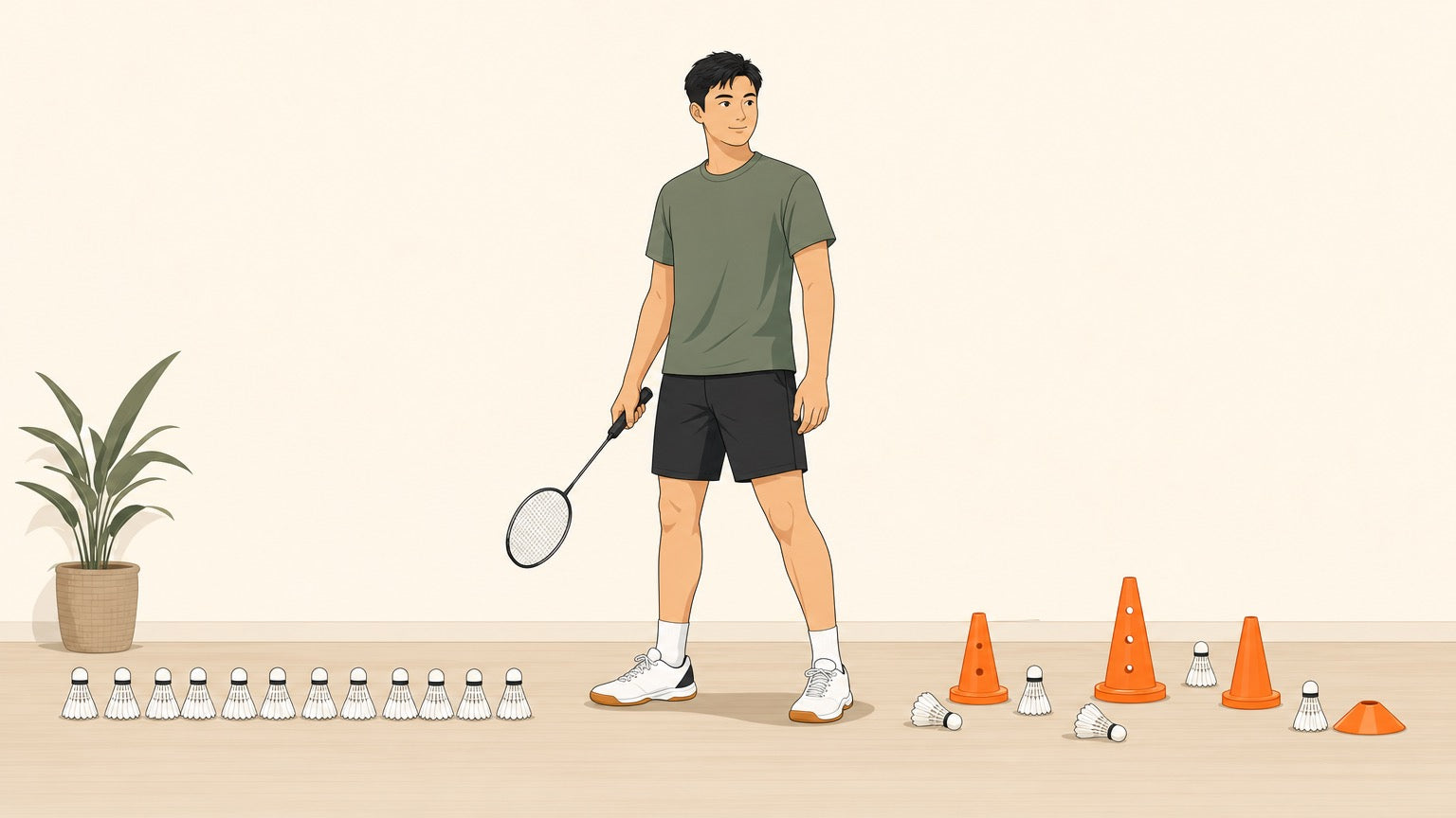 Badminton player comparing a repetitive shuttle drill setup with a varied drill setup