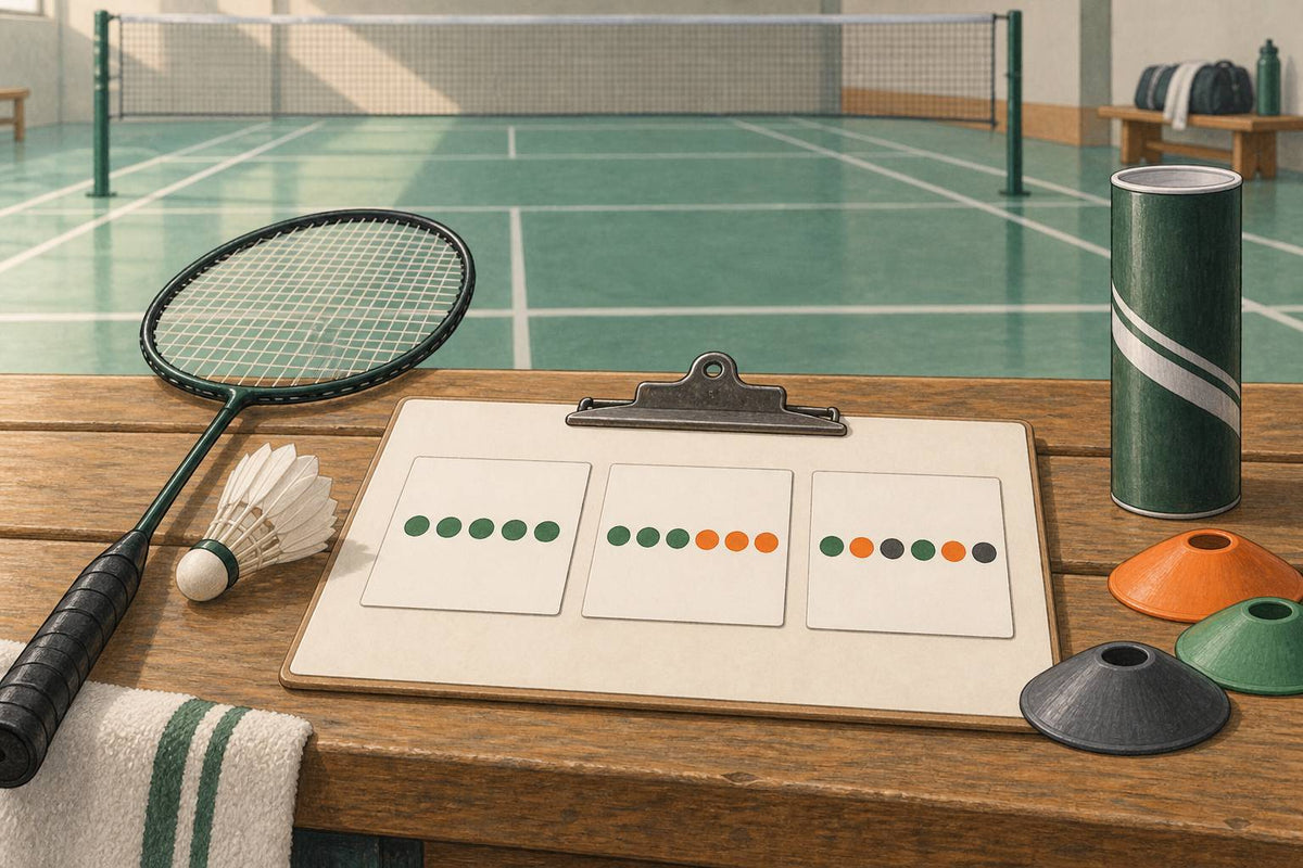 Editorial still life of practice-order cards beside badminton equipment.