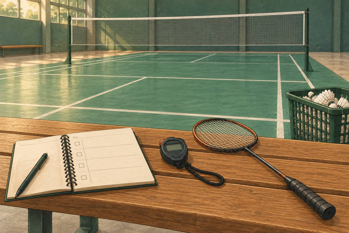 Editorial still life of badminton equipment with a blank session log and stopwatch.