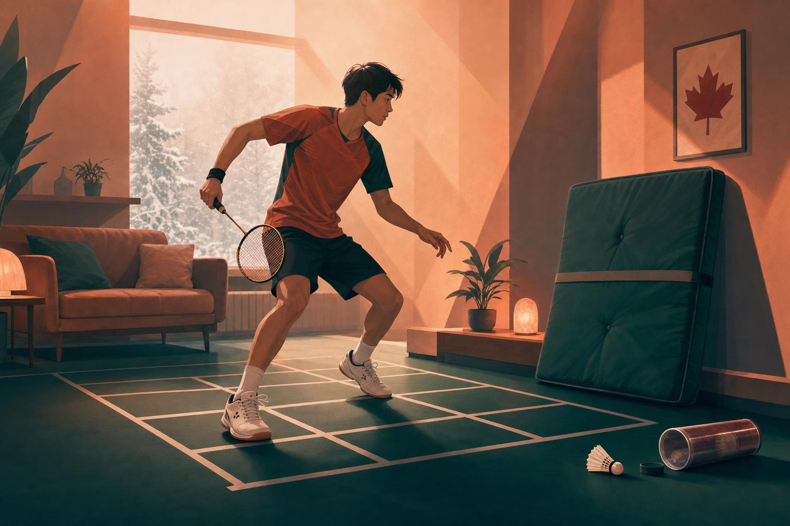 Player doing badminton footwork drills at home with a racket, shuttle and winter window in the background