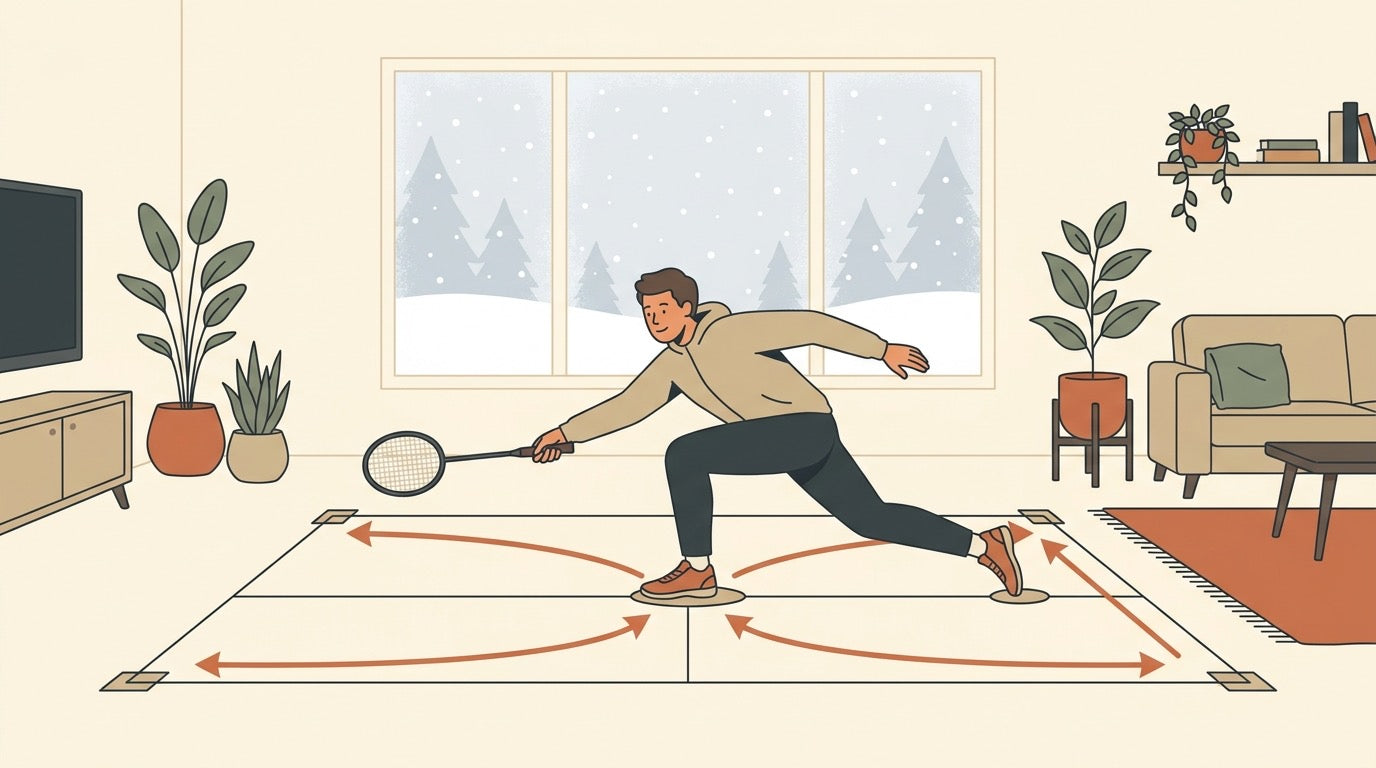 Player doing badminton footwork drills at home with a racket, shuttle and winter window in the background