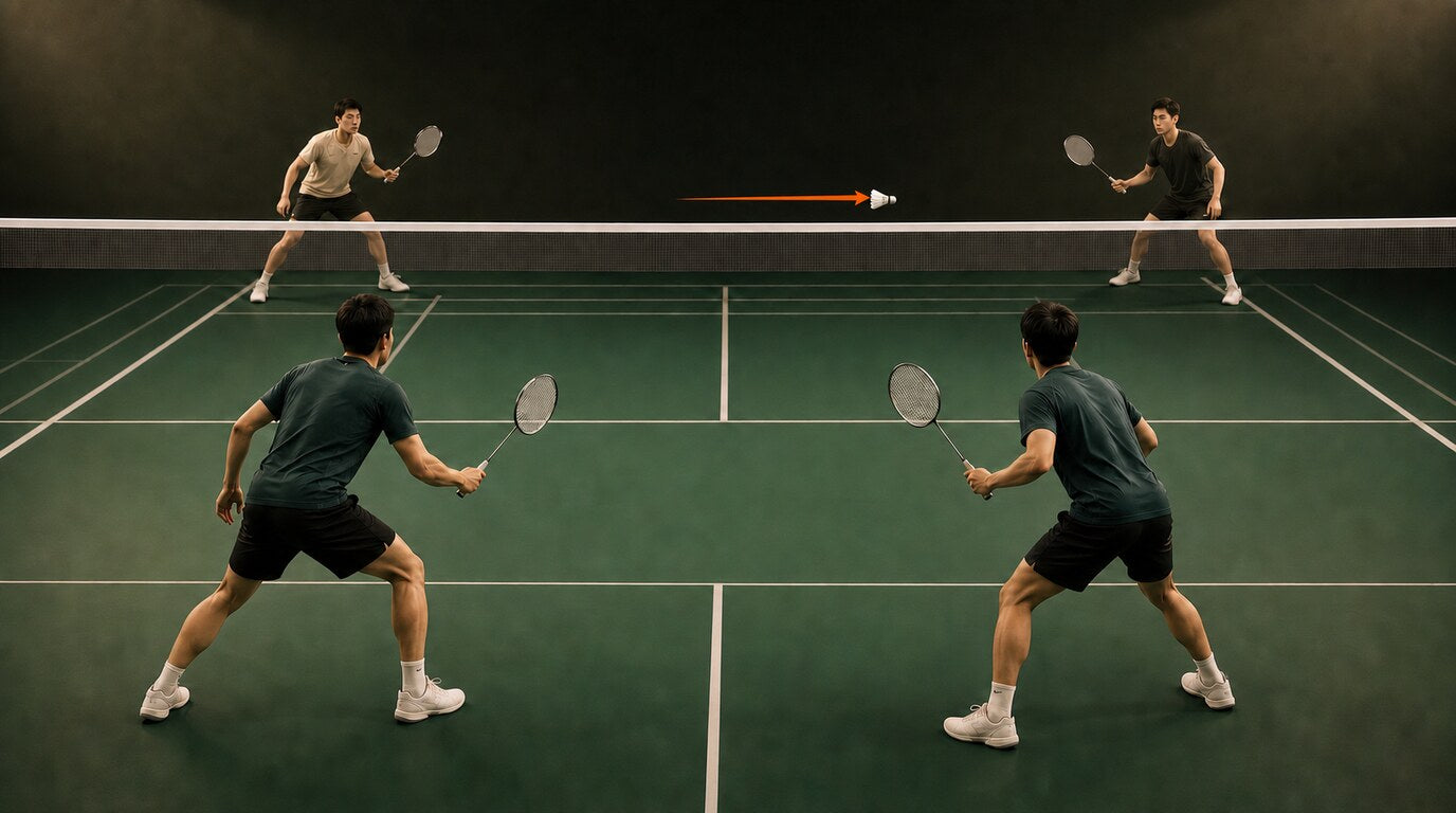 Doubles badminton players using a low flat drive-first rally pattern with side-by-side coverage
