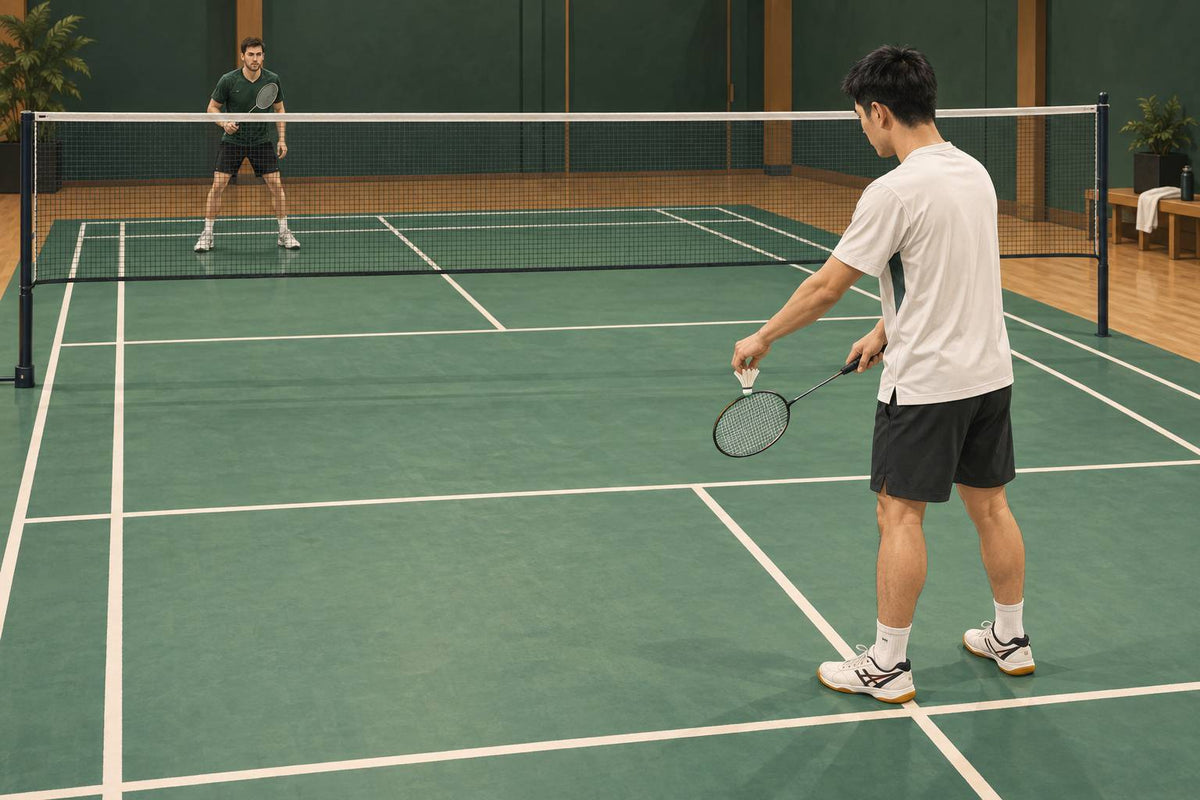A server and receiver prepare in diagonally opposite service courts before a controlled drive-serve attempt.