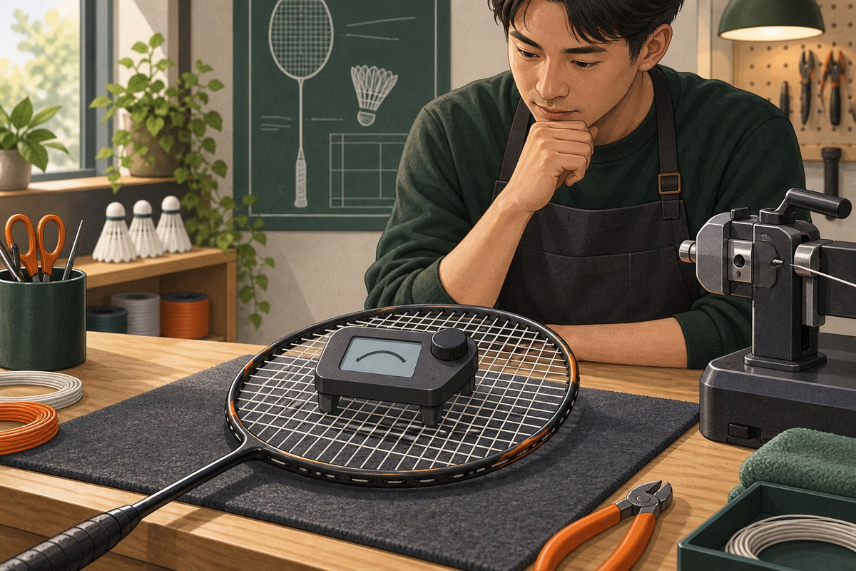 A string-bed meter and stringing-machine tension head introduce two different kinds of measurement.