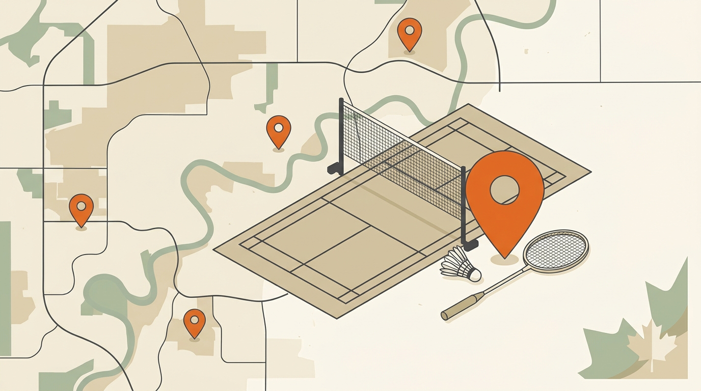 Badminton racket and shuttlecocks on an indoor court with a subtle Edmonton backdrop.