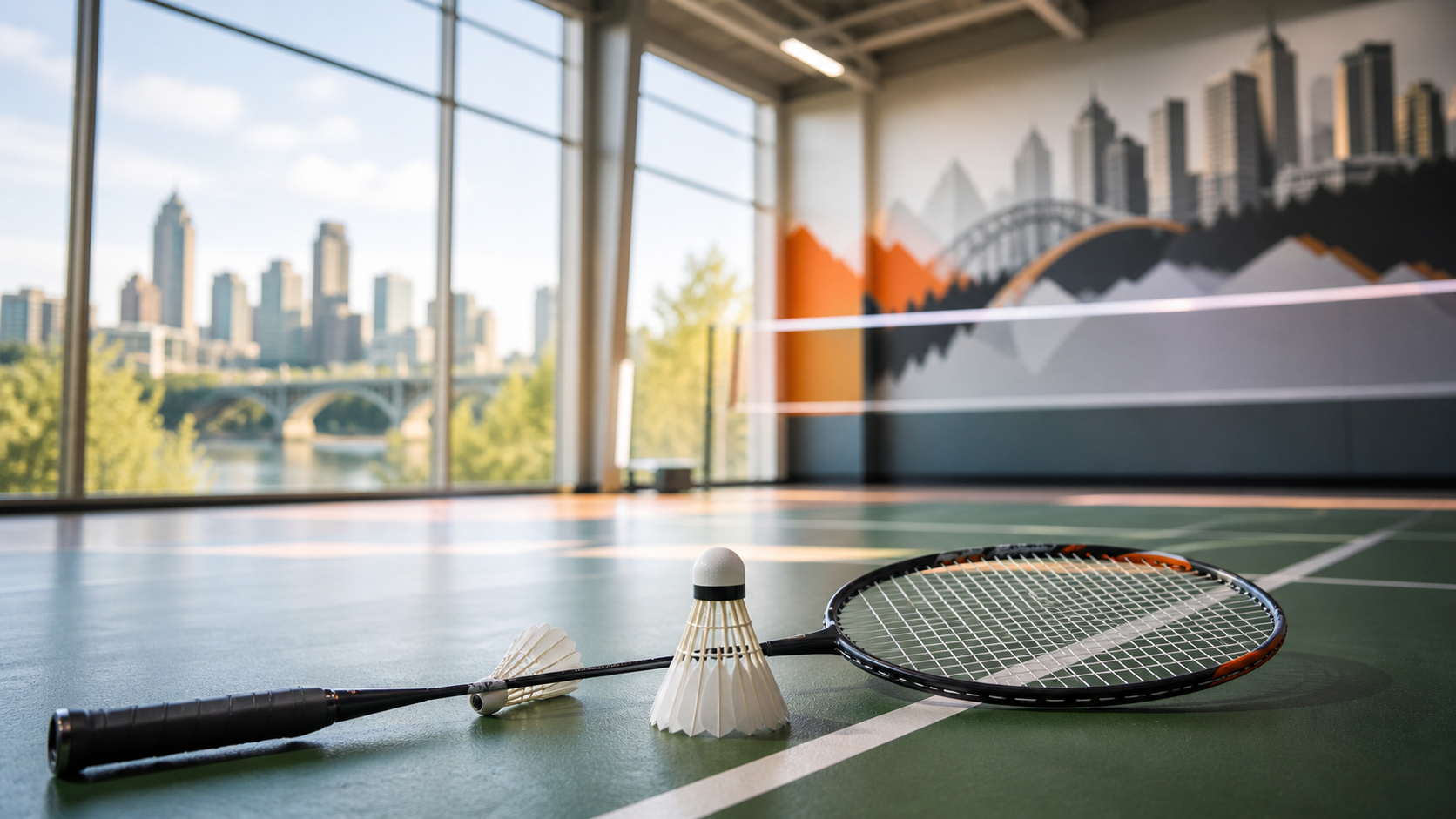 Badminton racket and shuttlecocks on an indoor court with a subtle Edmonton backdrop.