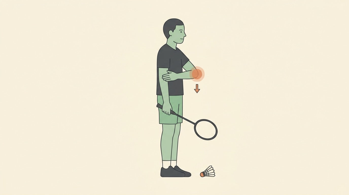 Illustration of a badminton player with elbow and wrist discomfort beside rackets, stringing tools, and grip tape on a warm indoor court