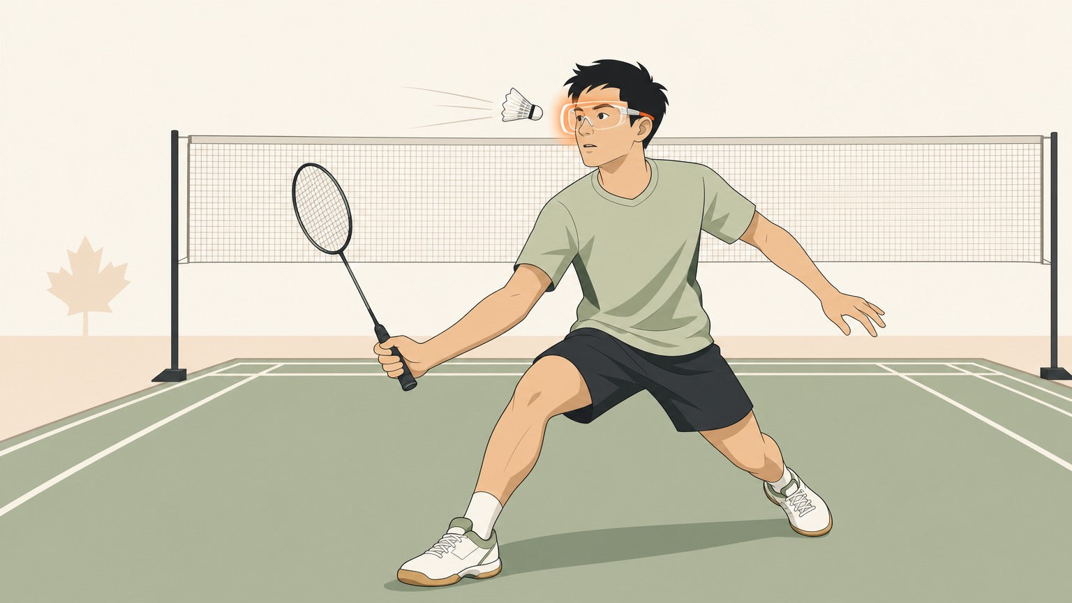 Badminton player wearing protective eyewear as a shuttlecock approaches their face on court