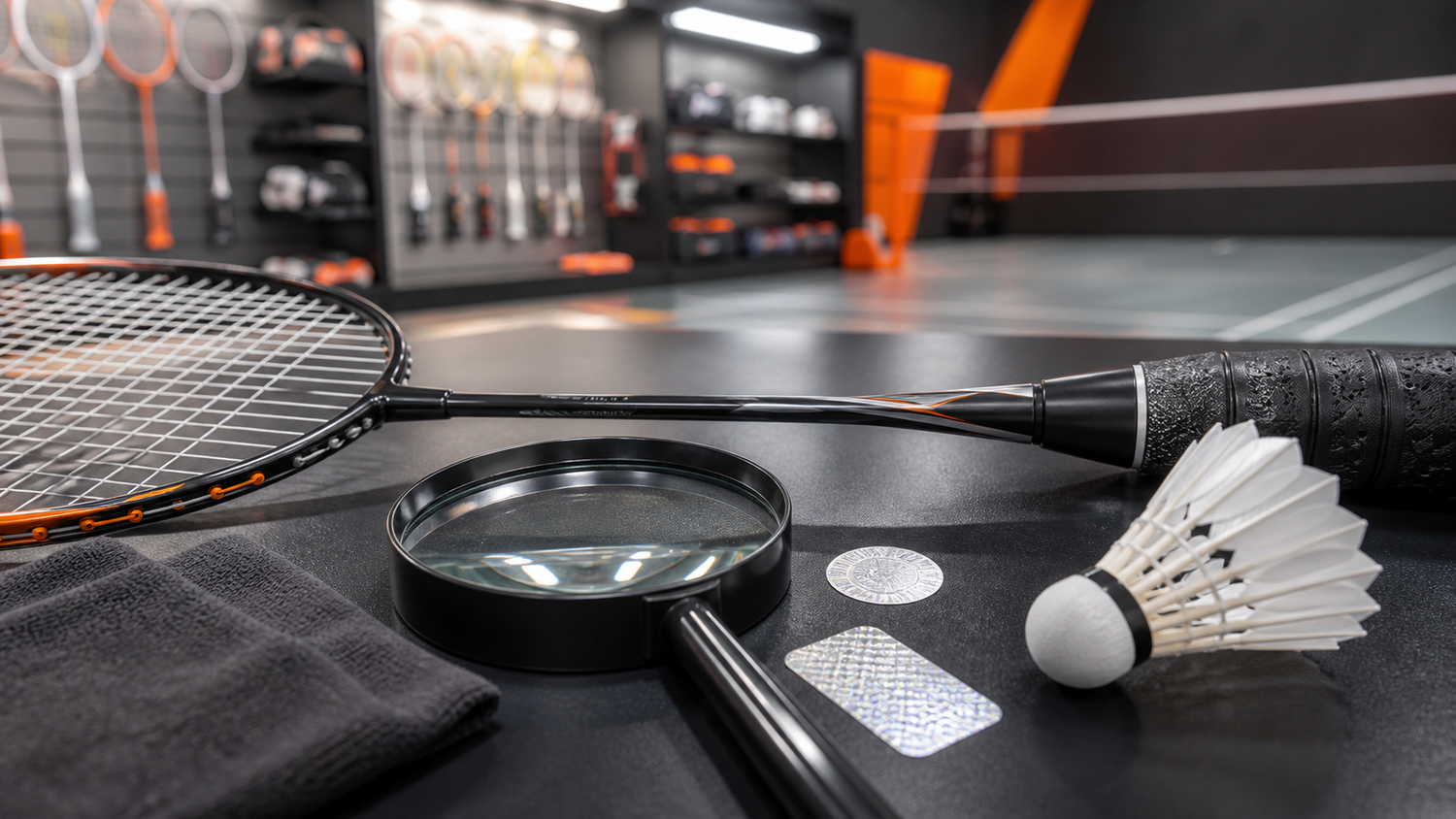 Badminton racket inspection setup with a magnifying glass and shuttlecock.