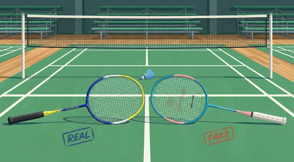 Badminton racket inspection setup with a magnifying glass and shuttlecock.