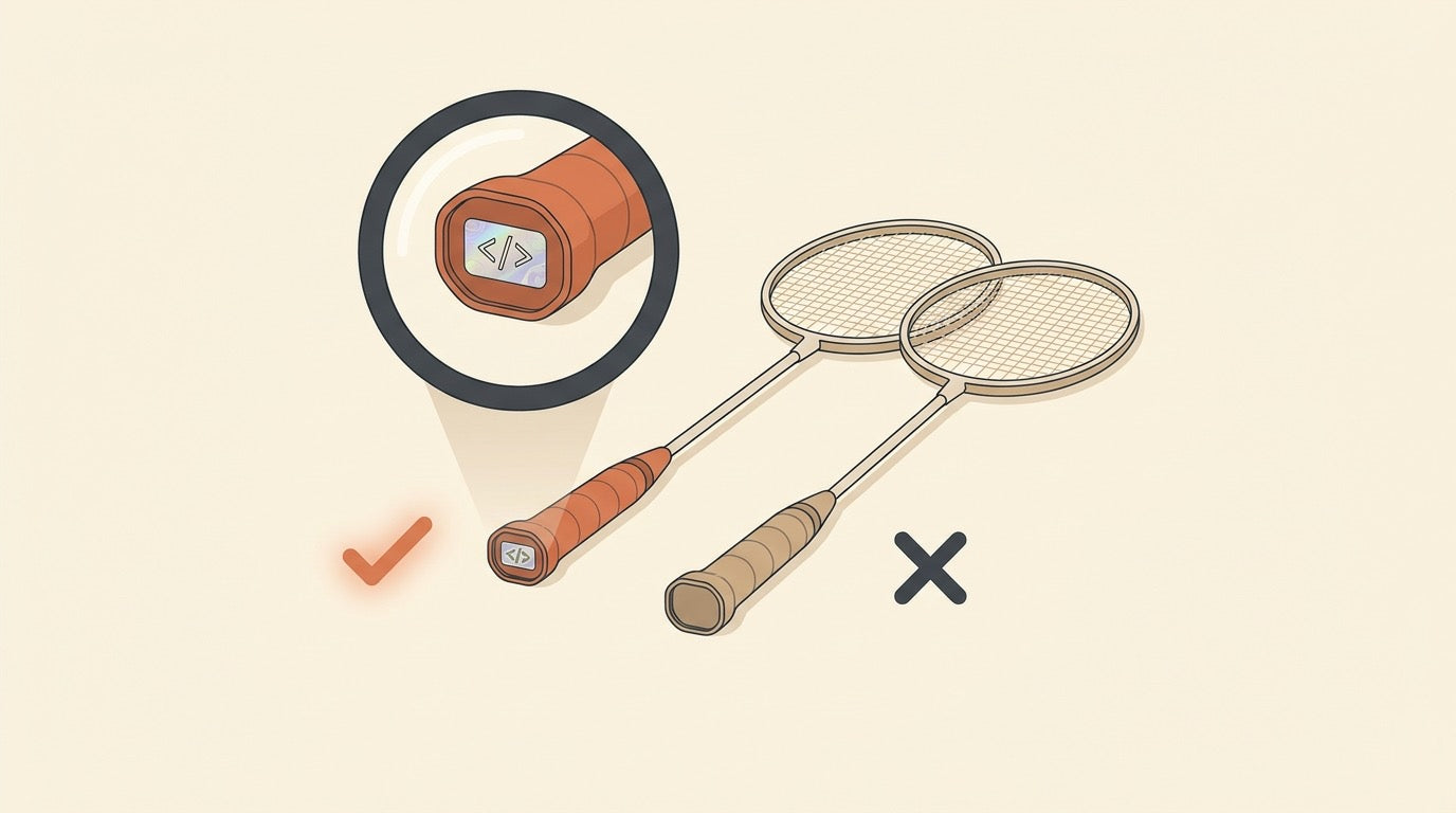 Badminton racket inspection setup with a magnifying glass and shuttlecock.