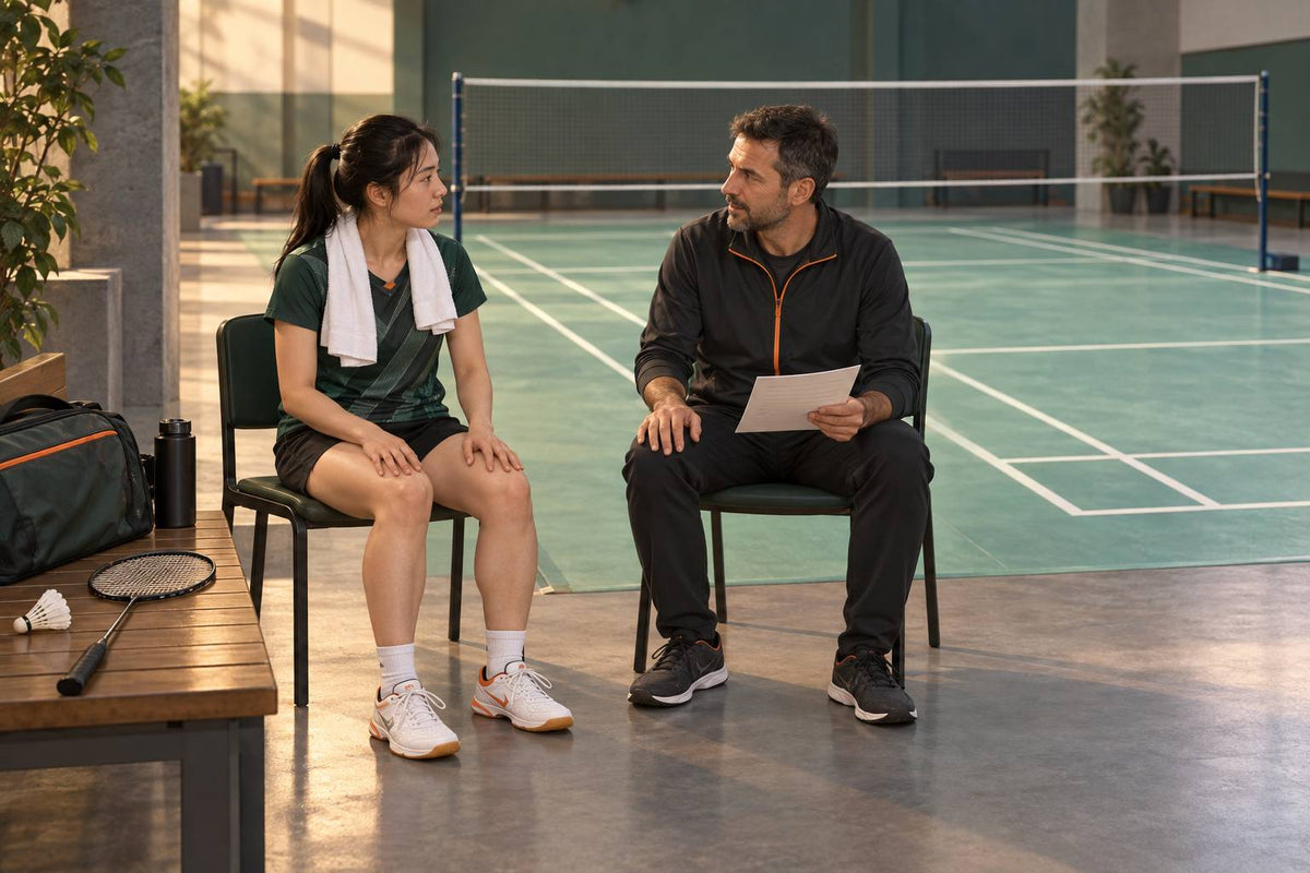 A player and coach pause between matches to discuss what has changed before the next decision.
