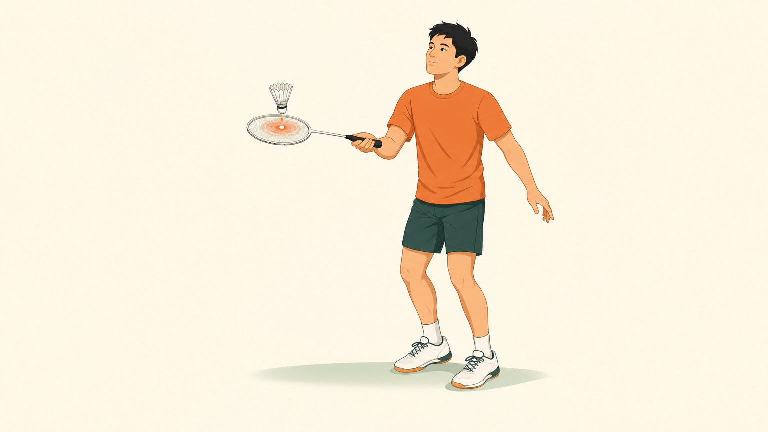 Flat vector illustration of a badminton player tapping a single shuttlecock on the centre of their racket strings, with a soft orange sweet-spot glow.
