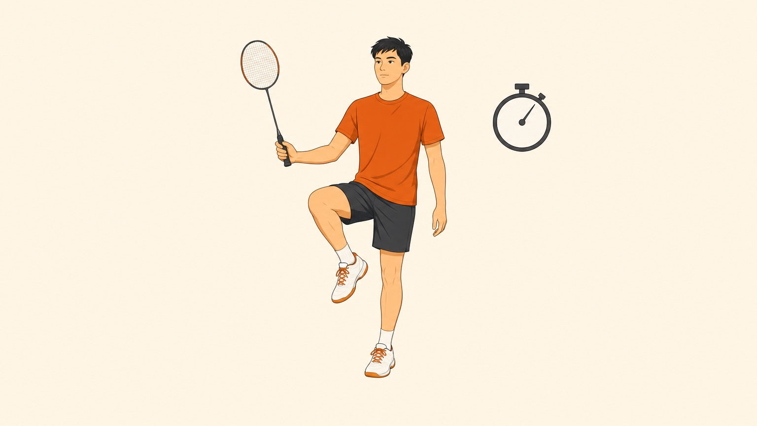 Flat vector illustration of a badminton player holding a racket while balancing on one leg beside a simple stopwatch, representing a self-scored fitness test.