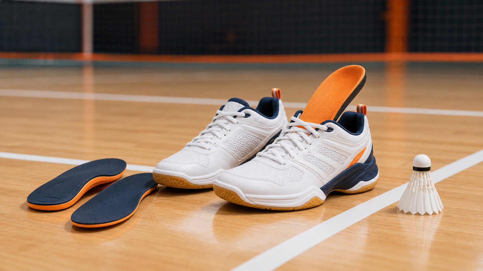 Supportive badminton court shoes with insoles beside a shuttlecock on an indoor court.