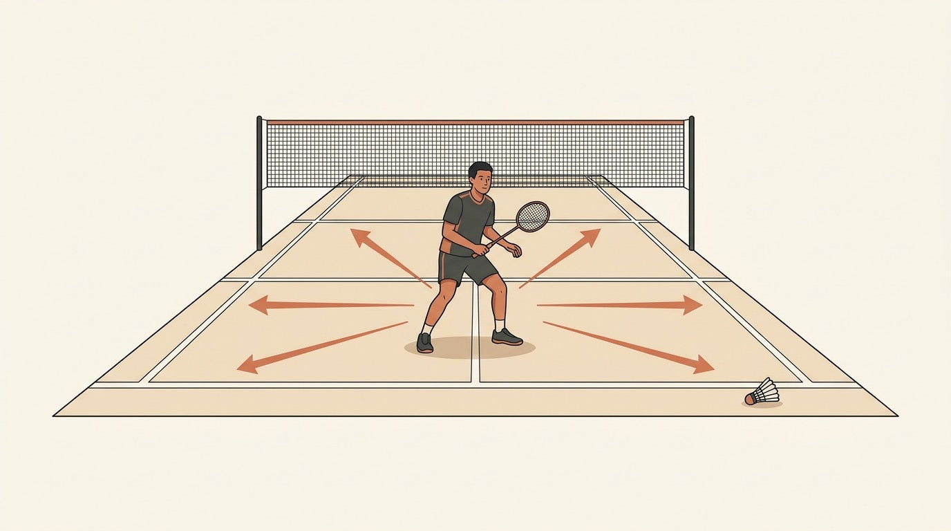 Illustrated beginner badminton player practising split step and six-corner footwork on an indoor court