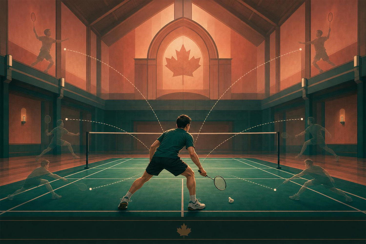 Illustrated beginner badminton player practising split step and six-corner footwork on an indoor court