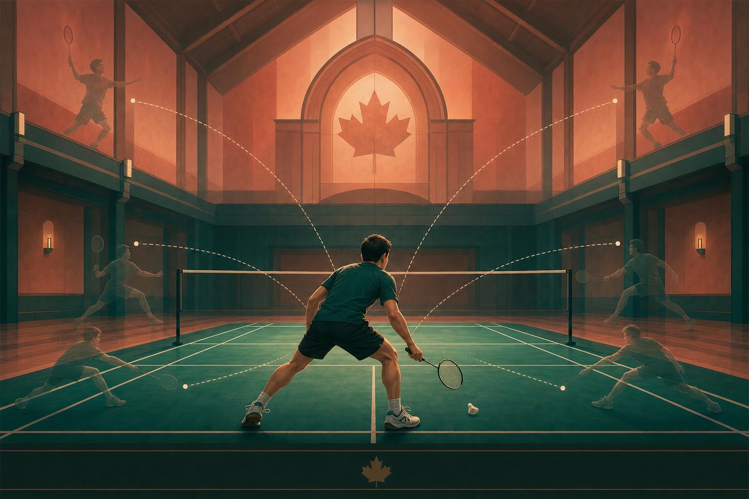 Illustrated beginner badminton player practising split step and six-corner footwork on an indoor court