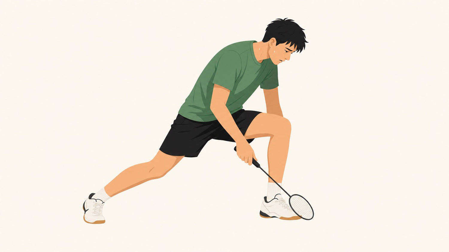 Flat vector illustration of a visibly tired badminton player holding a low lunge with a compact racket
