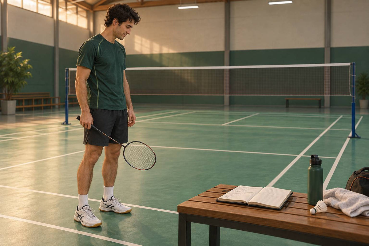 A player pauses with a normal racket and observation notebook to review familiar grip-control tasks.