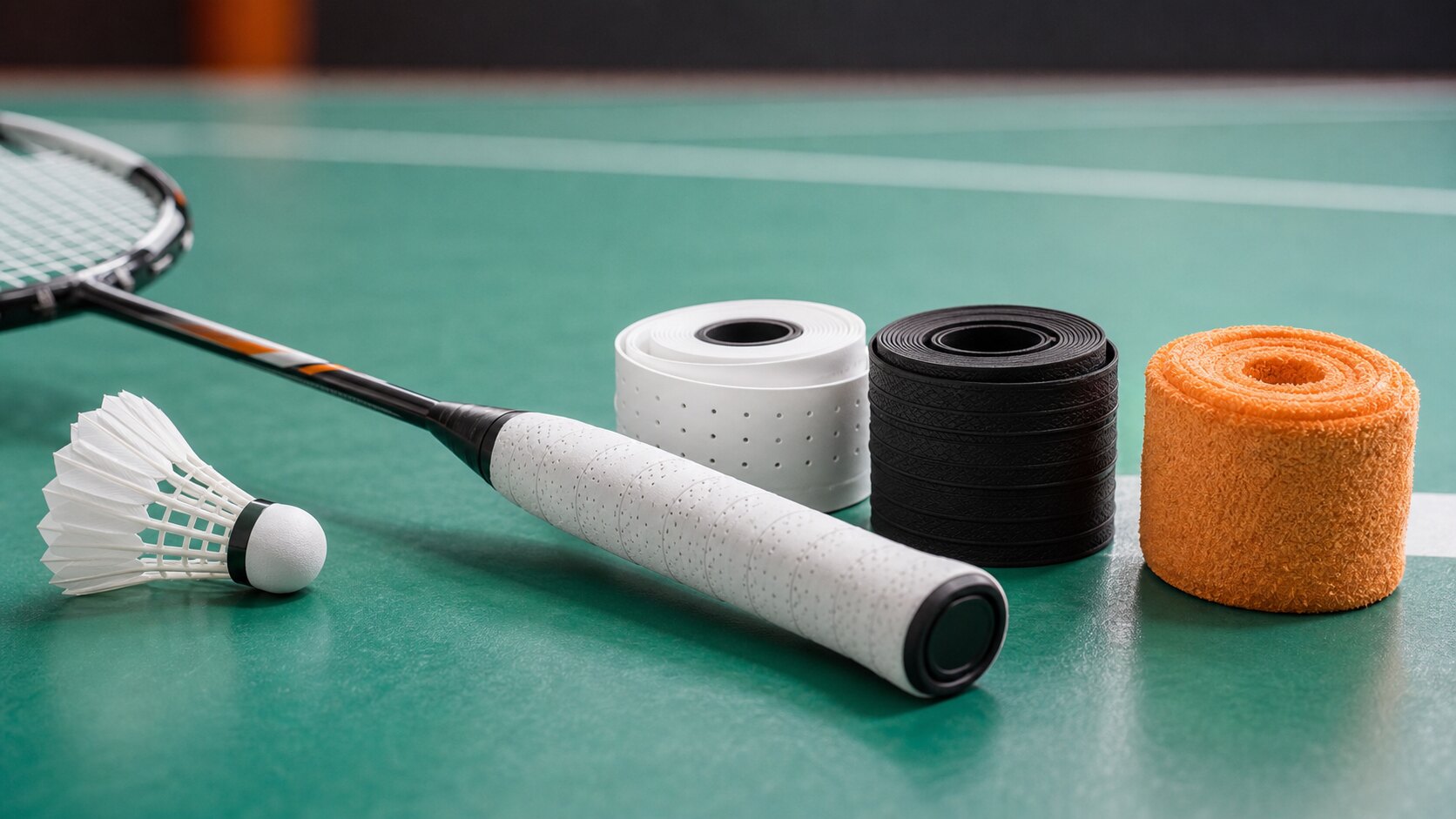 Badminton racket grips, overgrips, and towel grip tape arranged beside a racket handle.