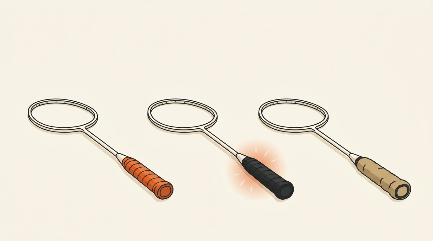 Badminton racket grips, overgrips, and towel grip tape arranged beside a racket handle.