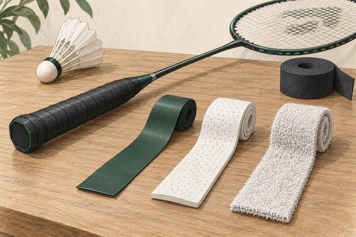 Editorial badminton grip material samples beside a racket handle.