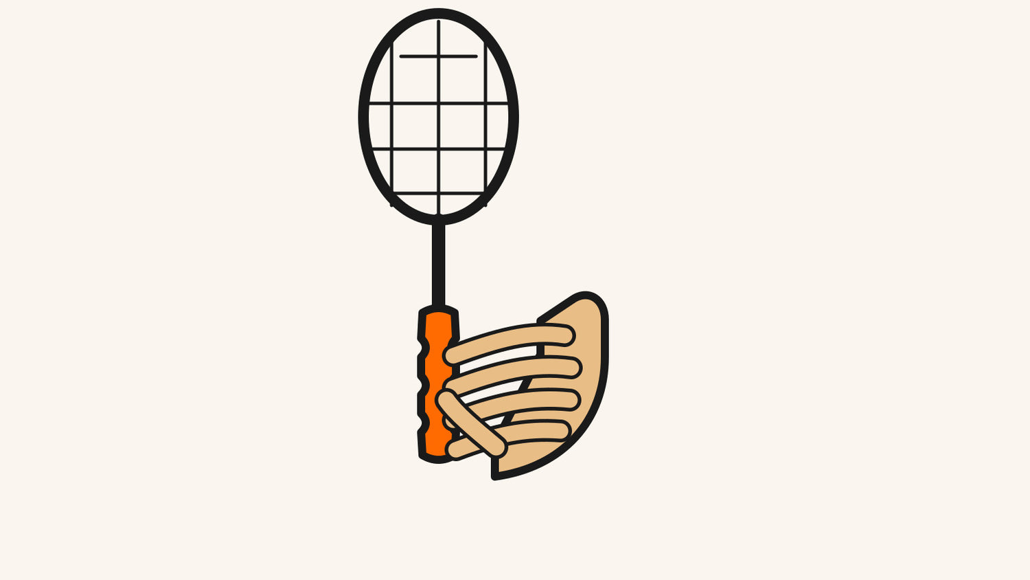 Une main représentée clairement sur le plan anatomique tient une raquette de badminton cordée munie d’une gaine orange profilée servant de guide de prise moulé autour du manche.