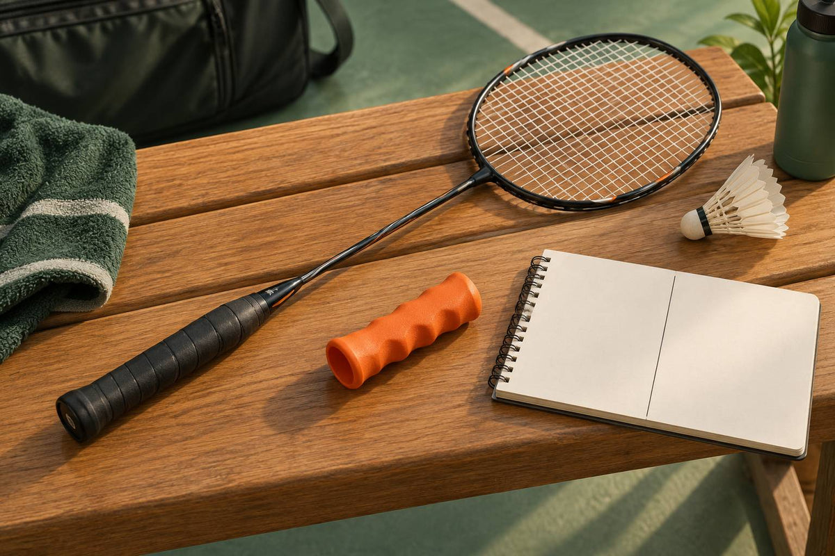 A plain badminton grip and an optional moulded sleeve are separate objects for a local handling comparison.