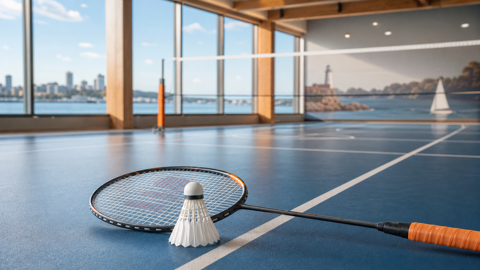 Badminton racket and shuttlecock on an indoor court with a subtle Halifax waterfront backdrop.