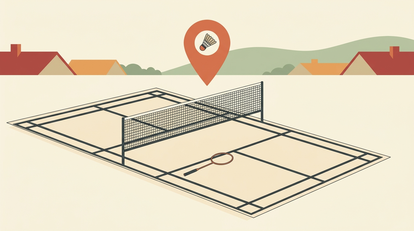 Flat-vector illustration of indoor badminton play in Hamilton, in Badminton House's cream and orange editorial style