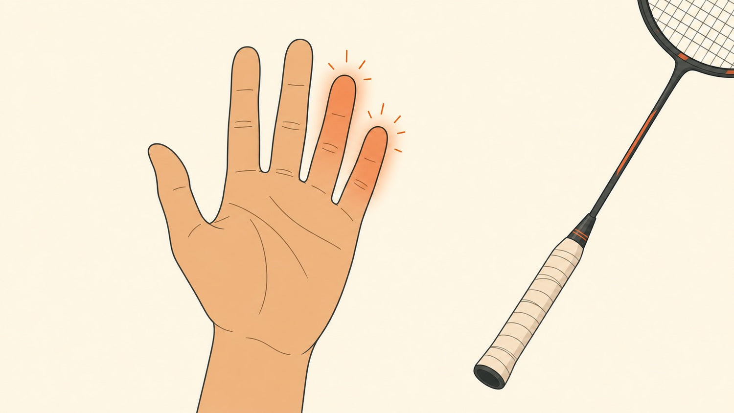 Flat vector illustration of an open hand with a soft orange tingling glow over the little and ring fingers, beside a badminton racket grip.
