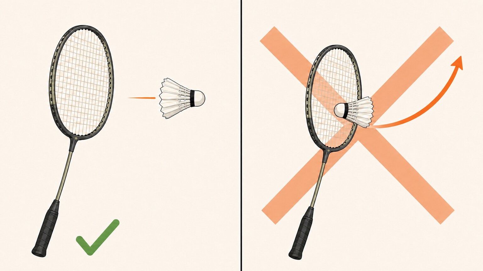 Side-by-side badminton comparison of a clean strike and an illegal caught-and-slung carry