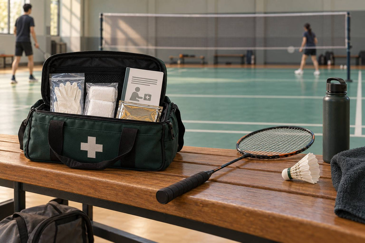 A club first-aid bag holds basic supplies and instructions for a safe response and clinical handoff.