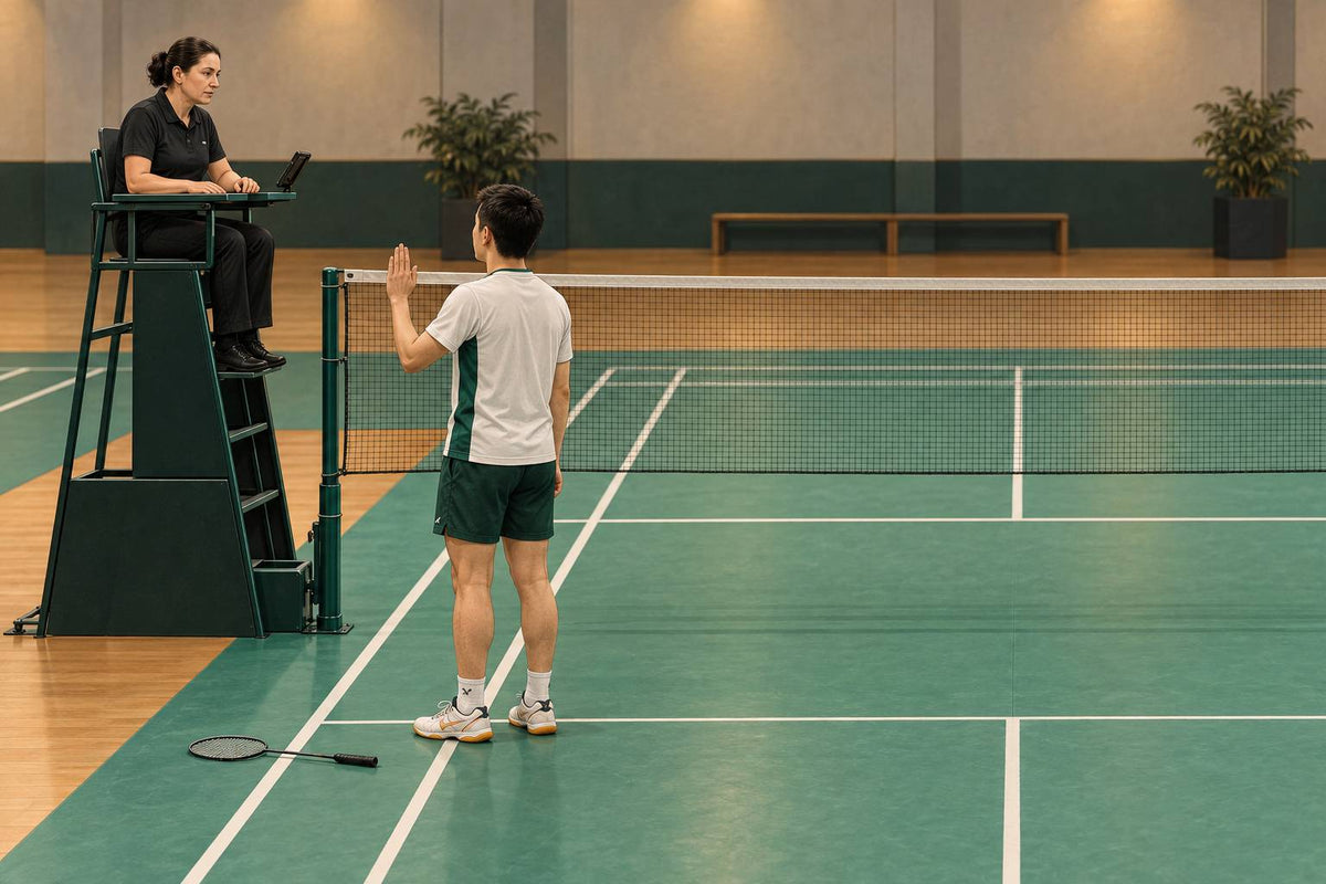 A player reports a problem to the umpire while play is paused, leaving the match procedure to the officials.