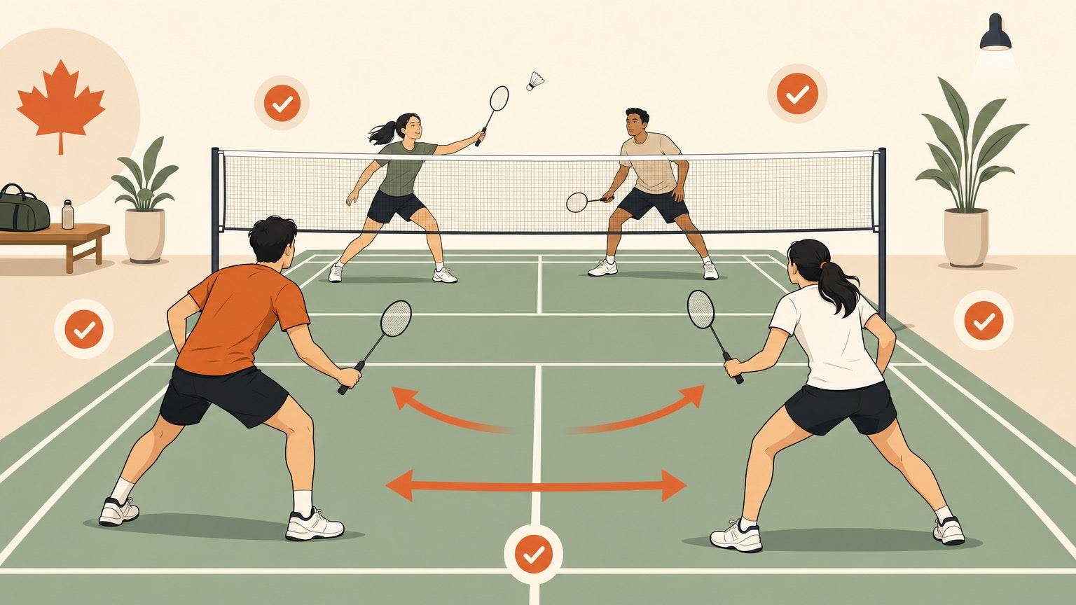 Four badminton doubles players on a club court with arrows showing ready position, recovery, and safe partner spacing.