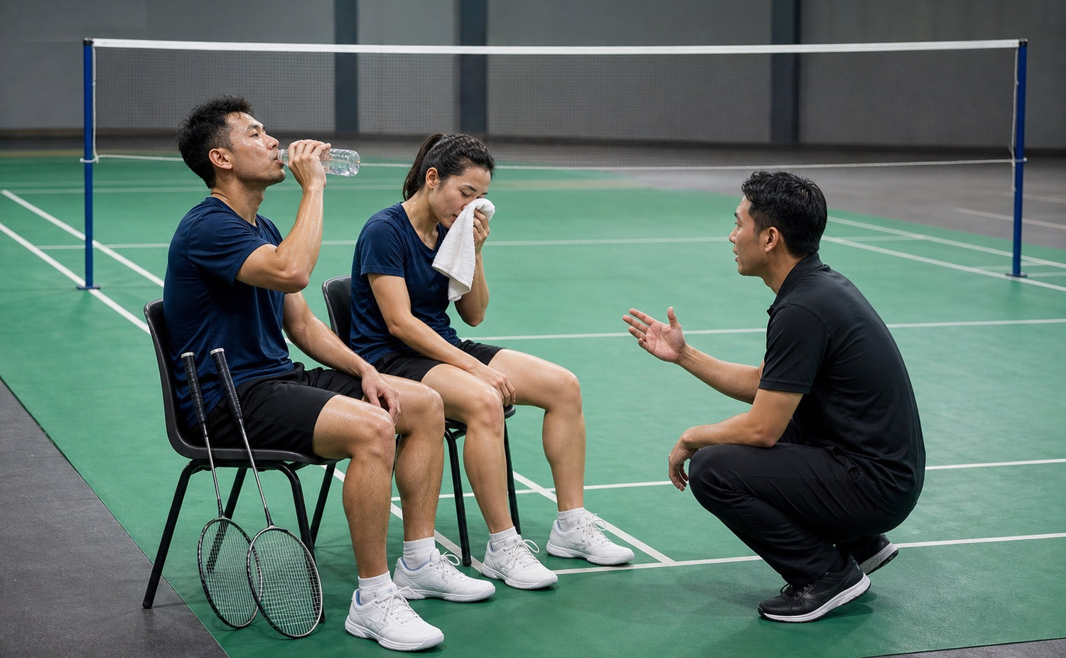 Des joueurs et joueuses de badminton se reposent au bord du terrain avec des serviettes et des bouteilles pendant un intervalle de match, tandis qu’un entraîneur donne des conseils.