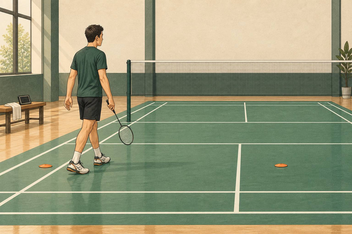 Illustration éditoriale d’un joueur récupérant entre de courts intervalles de déplacement sur un terrain vide.
