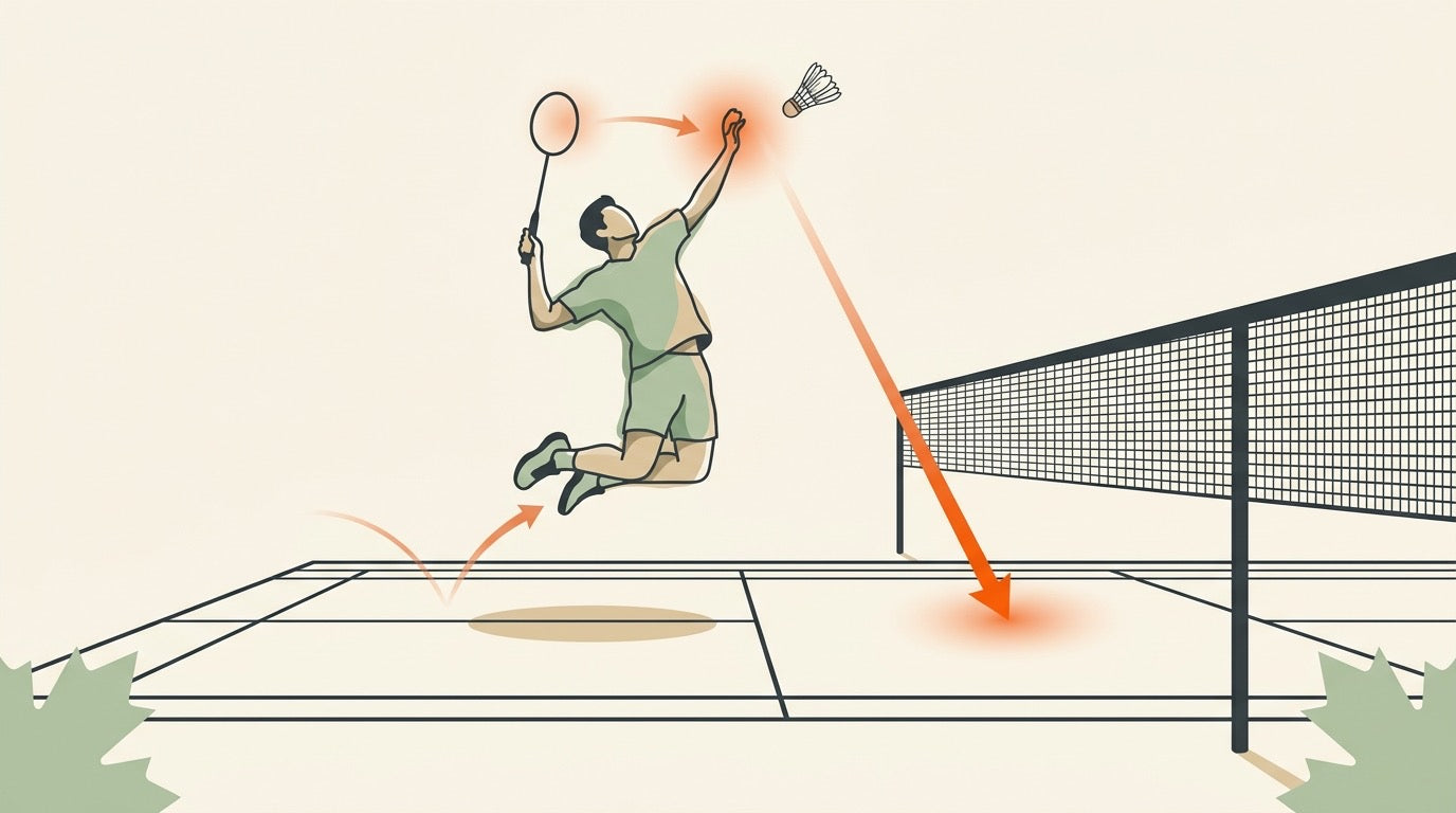 Illustration of a badminton player hitting a jump smash from the rear court at peak height