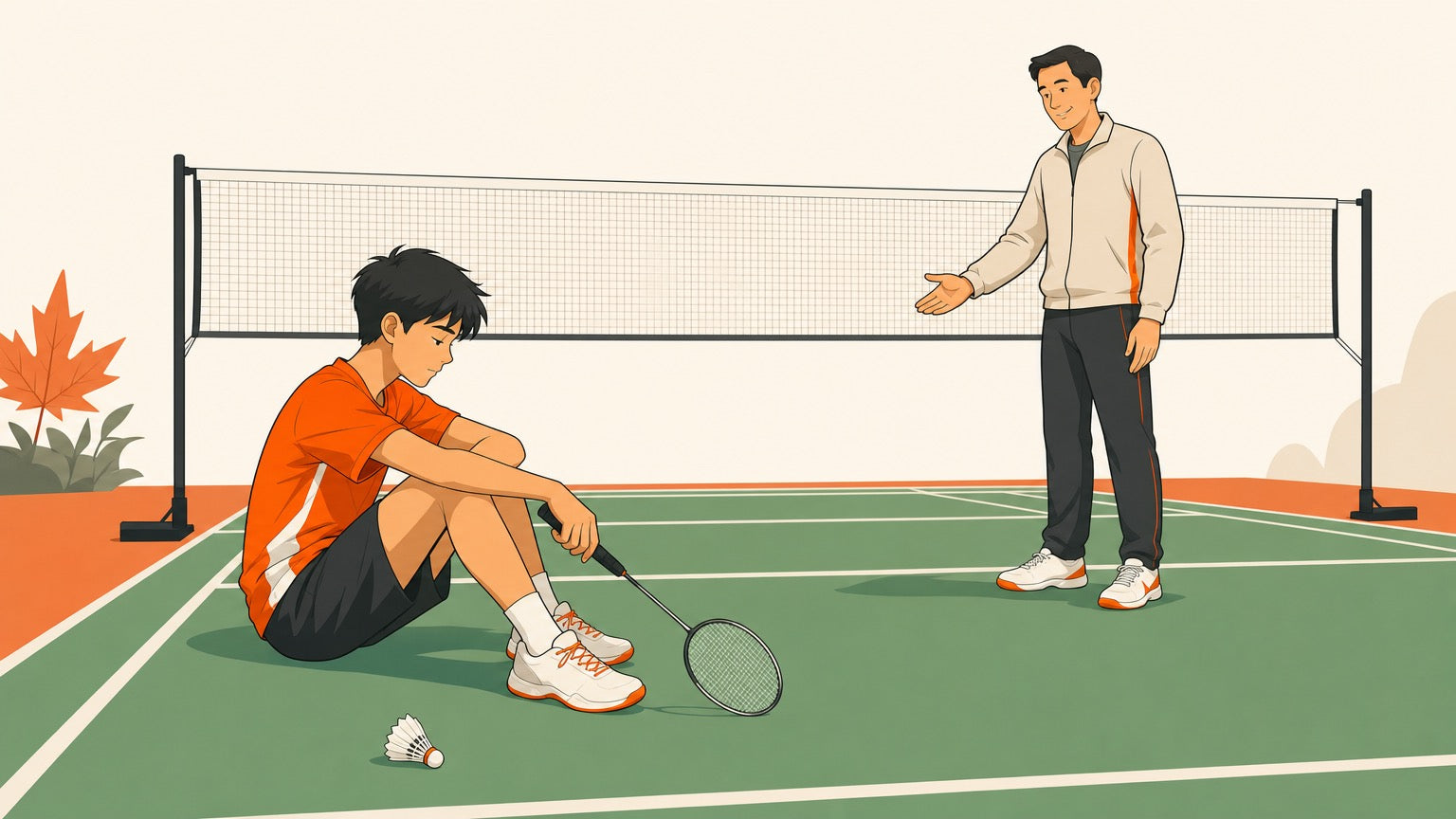 Junior badminton player sitting tired beside a badminton court while an adult offers support