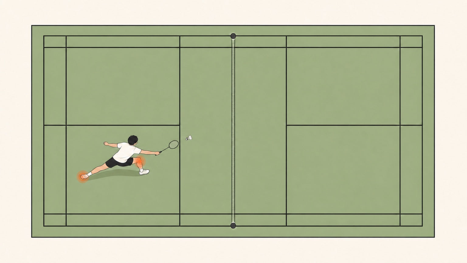 Junior badminton player lunging on court with the knee and heel highlighted to mark growth-plate injury areas