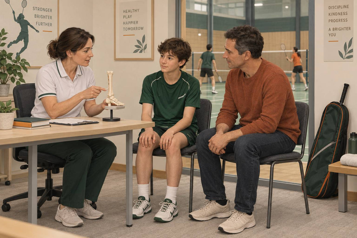 A junior player and parent discuss persistent knee or heel symptoms with a clinician.
