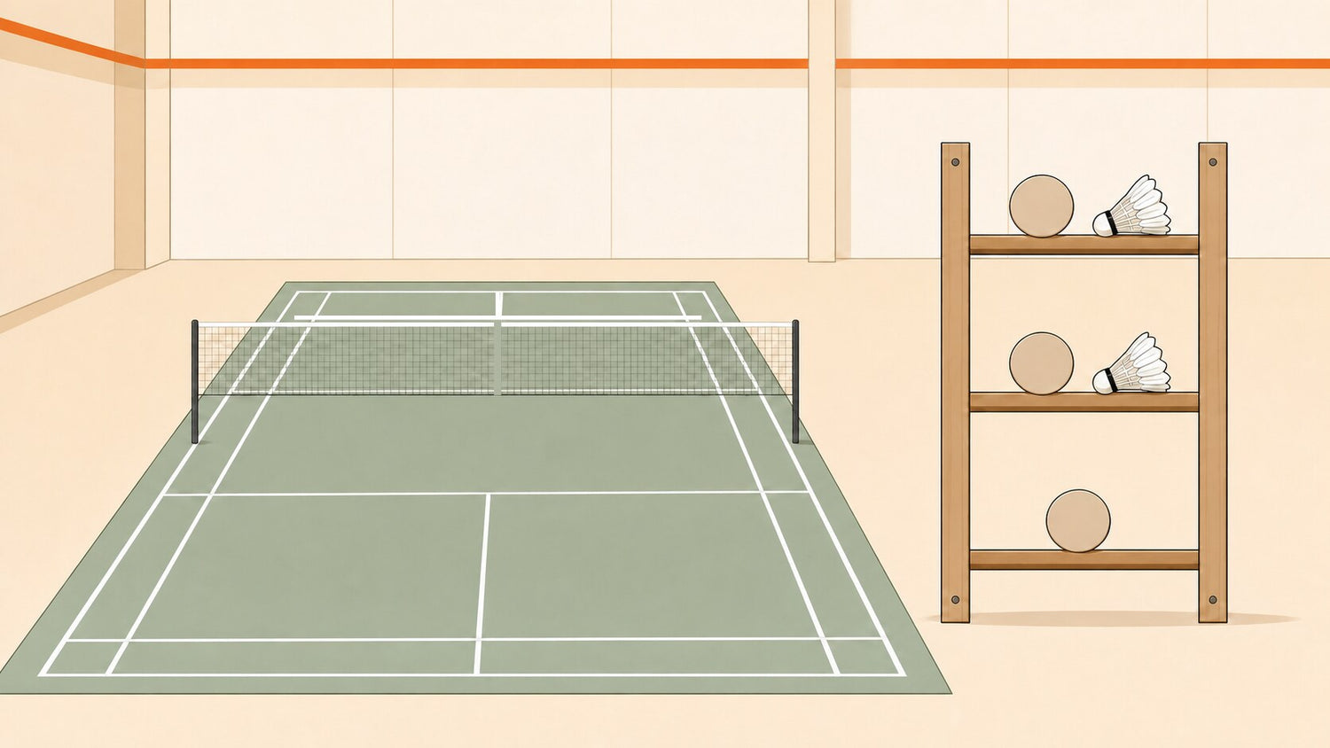 Terrain de badminton intérieur à côté d’une échelle de classement non étiquetée à trois barreaux, avec des jetons de joueurs et des volants