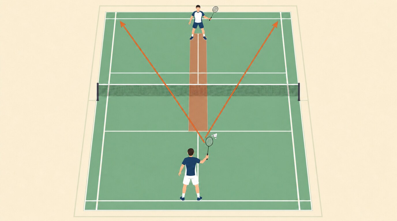 Vector badminton court diagram showing a right-handed player adjusting tactics against a left-handed opponent