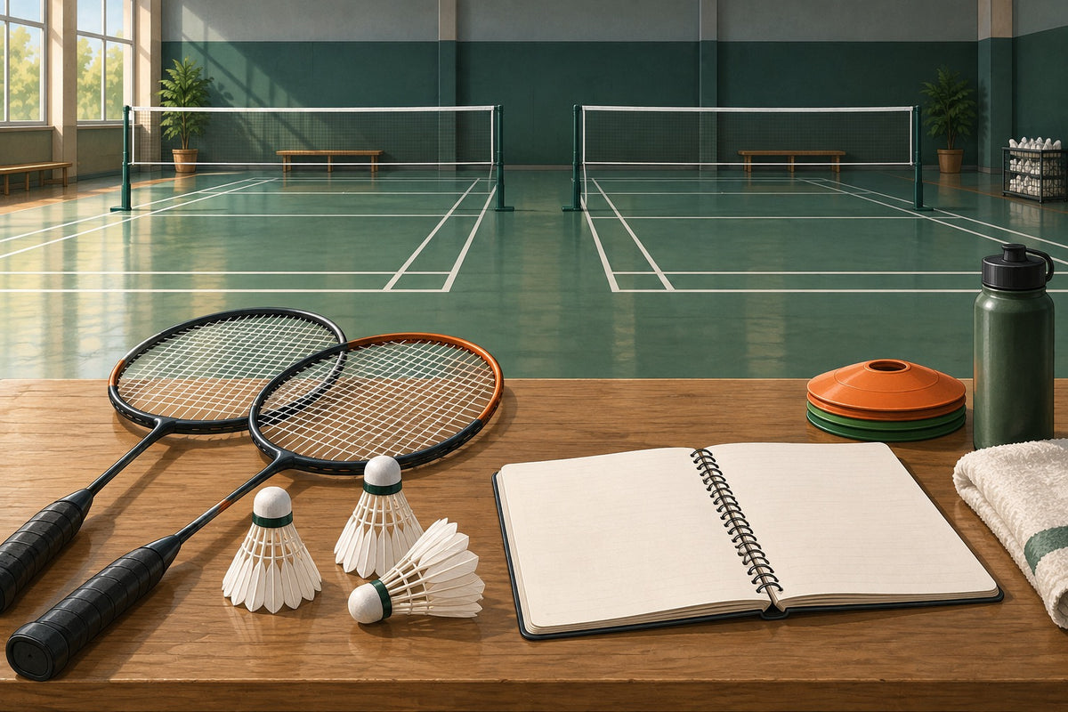 Rackets, floor markers and a lesson notebook introduce a structured beginner teaching unit.