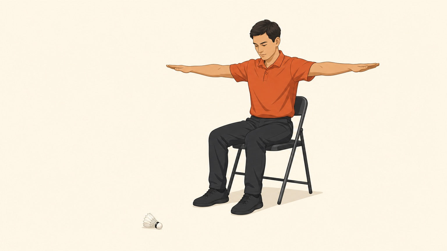 A seated badminton line judge with both arms extended straight out sideways to signal "out", looking at a shuttlecock lying on the floor in front of them.